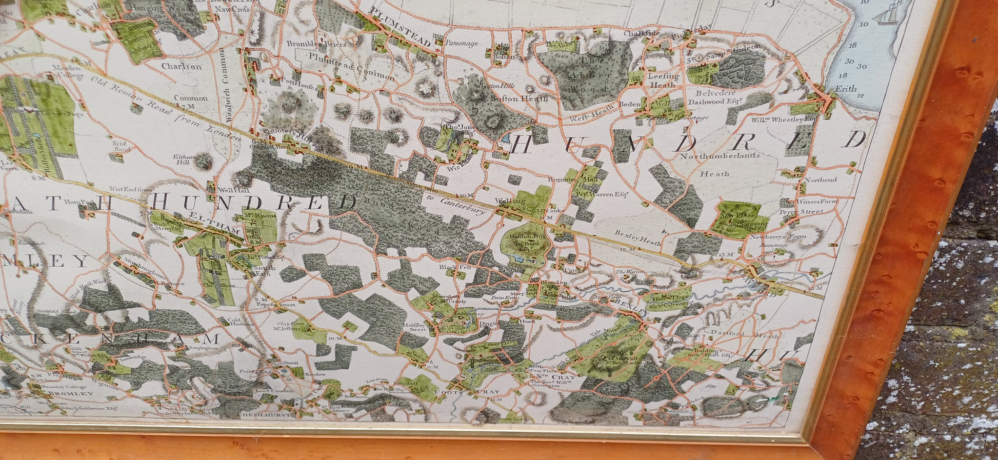 Vintage hand coloured reproduction of original engraving of a Map of Middlesex (part), vintage map print