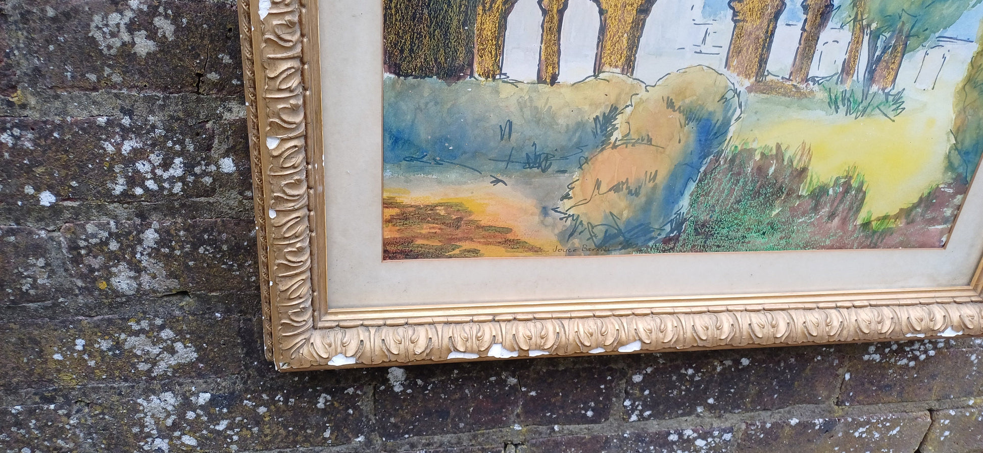 Large 1968 Mixed Media Painting Boxgrove Priory Chichester Sussex. Joyce Barnett. Tasteful Victorian Gilt Frame.