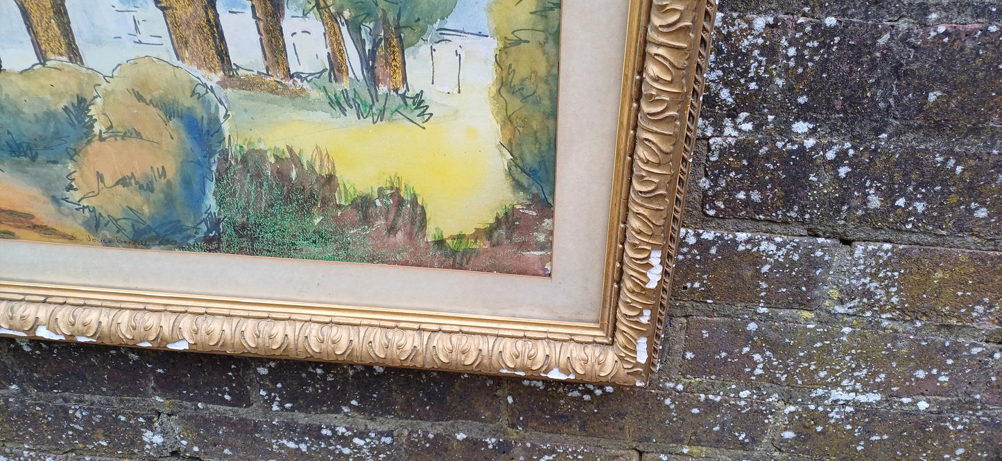 Large 1968 Mixed Media Painting Boxgrove Priory Chichester Sussex. Joyce Barnett. Tasteful Victorian Gilt Frame.