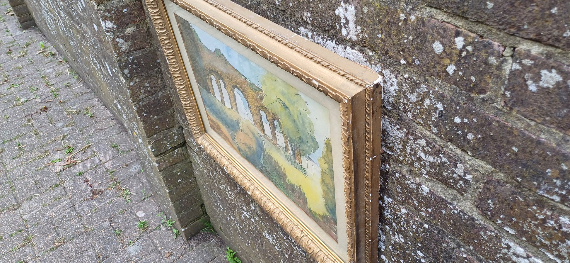 Large 1968 Mixed Media Painting Boxgrove Priory Chichester Sussex. Joyce Barnett. Tasteful Victorian Gilt Frame.