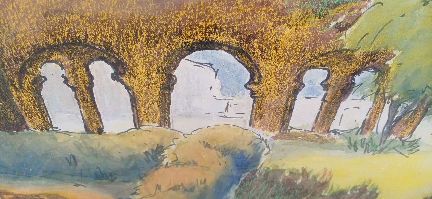 Large 1968 Mixed Media Painting Boxgrove Priory Chichester Sussex. Joyce Barnett. Tasteful Victorian Gilt Frame.