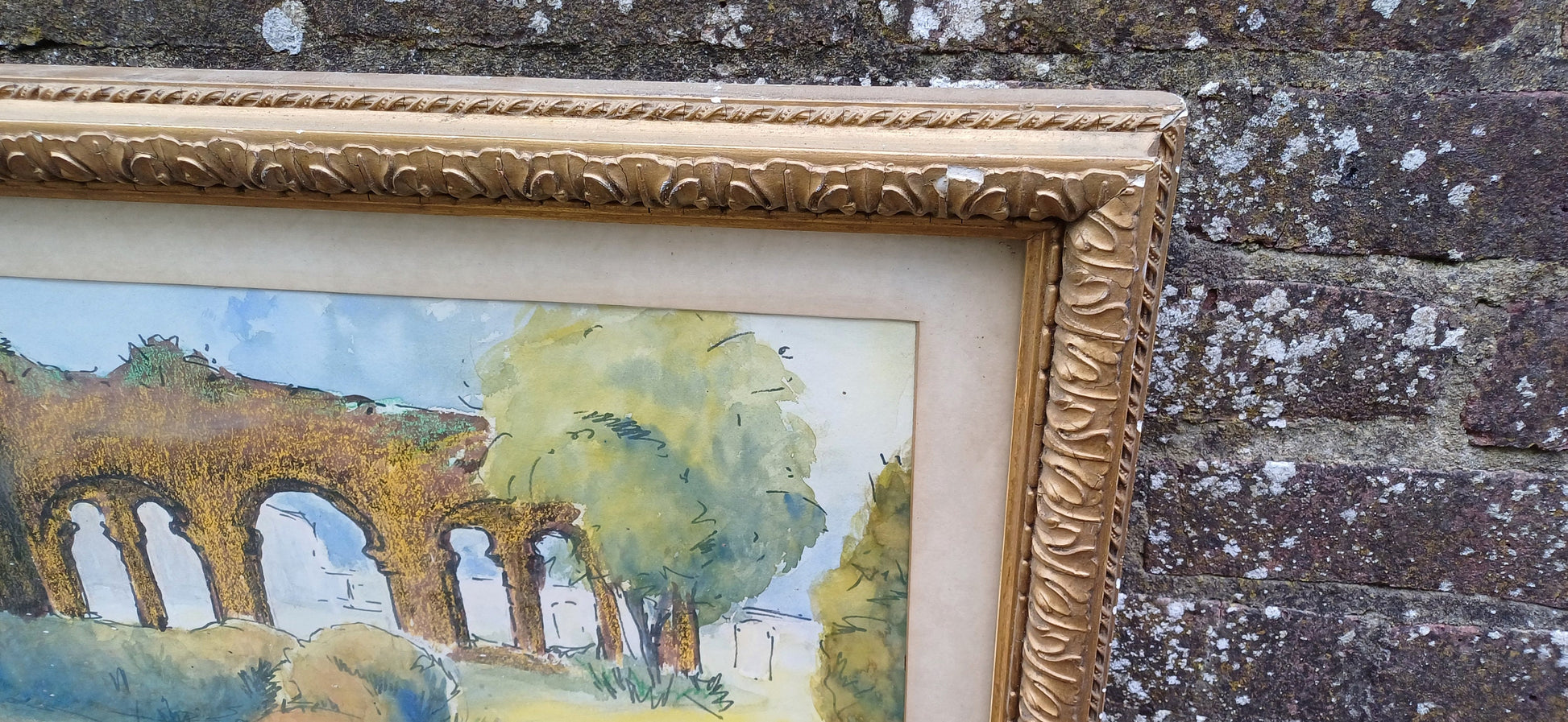 Large 1968 Mixed Media Painting Boxgrove Priory Chichester Sussex. Joyce Barnett. Tasteful Victorian Gilt Frame.