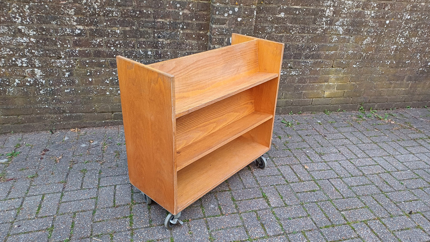 Vintage Municipal Retro Oak Veneer Bookcase on Castors. A Perfect Room Divider.