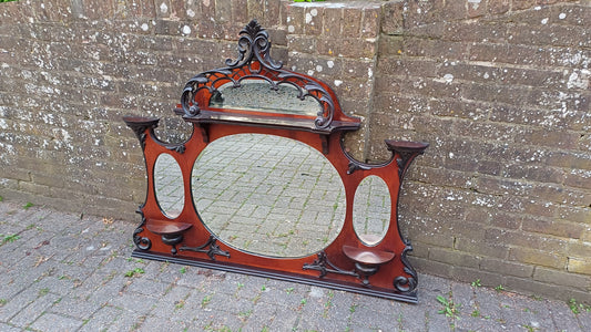 Outstanding Vintage Mahogany Over Mantel Mirror with Amazing Carved Feature.