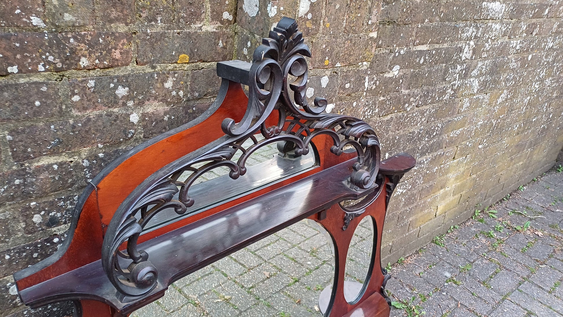 Outstanding Vintage Mahogany Over Mantel Mirror with Amazing Carved Feature.