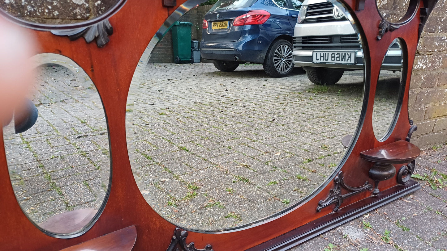 Outstanding Vintage Mahogany Over Mantel Mirror with Amazing Carved Feature.