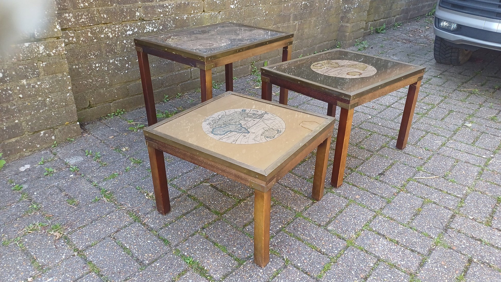 Vintage 80s Nest of Tables Globe World Map feat. Glass and Brass