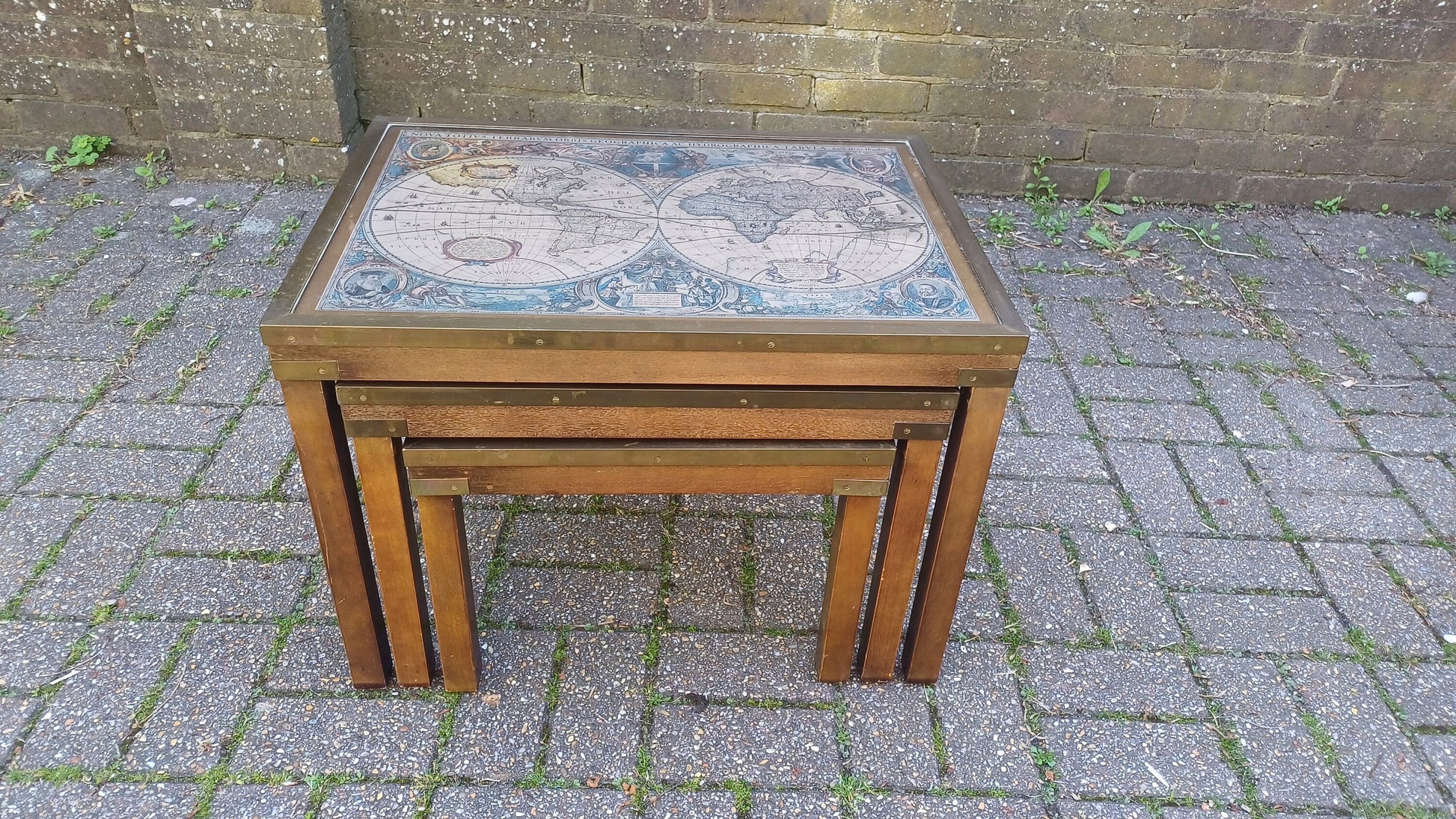 Vintage 80s Nest of Tables Globe World Map feat. Glass and Brass