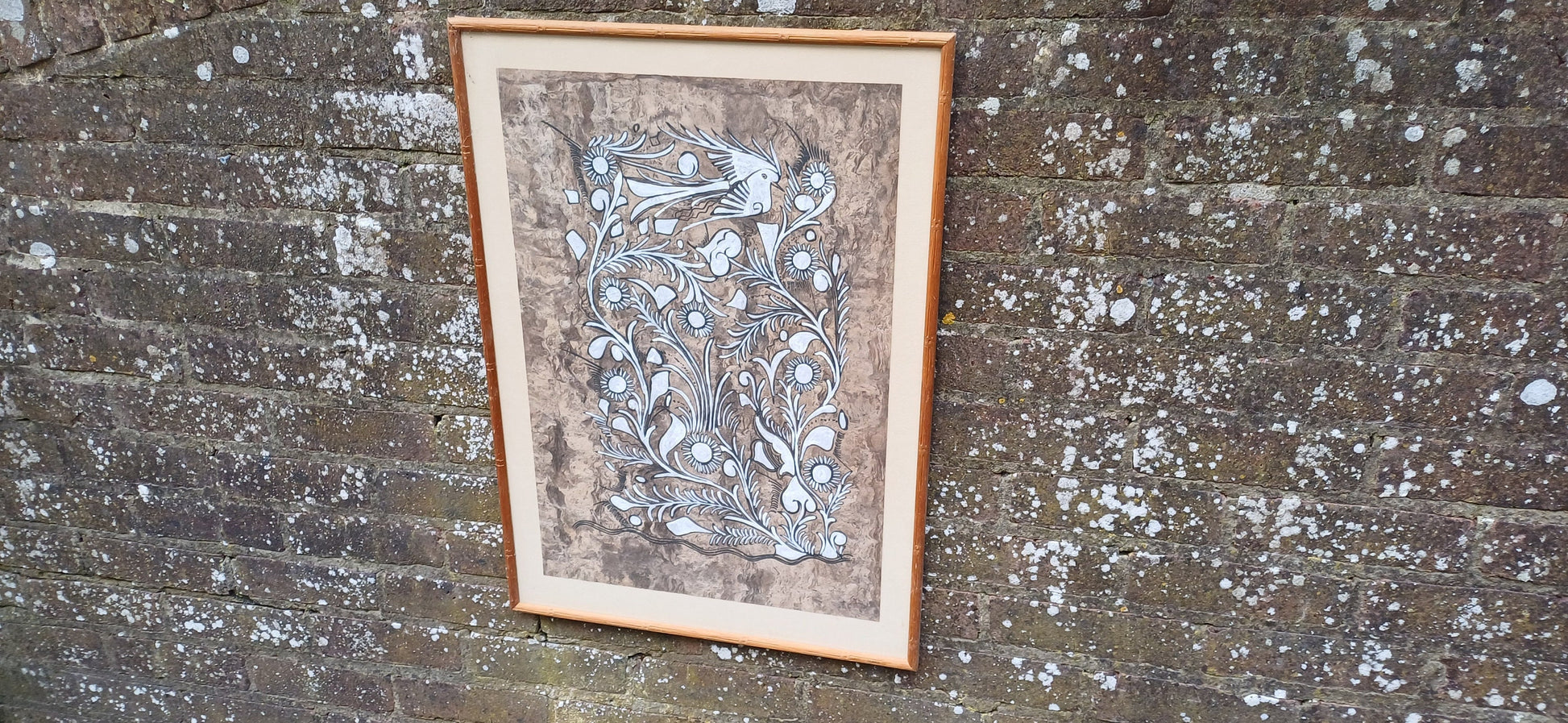 retro ethnic style country art design in black and white; wilderness art; mottled brown paper, in glazed vintage frame
