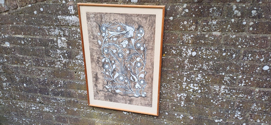 retro ethnic style country art design in black and white; wilderness art; mottled brown paper, in glazed vintage frame