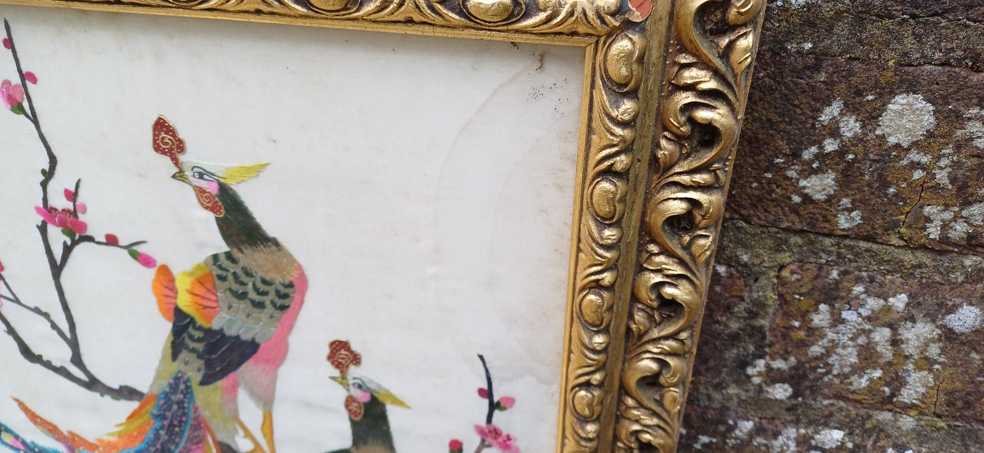 Outstanding Colourful Pair of Vintage Bird of Paradise Embroidery Pictures in Ornate Gold Frames.