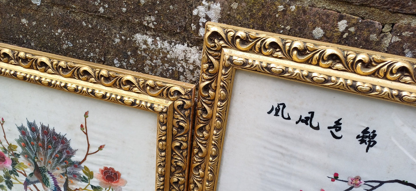 Outstanding Colourful Pair of Vintage Bird of Paradise Embroidery Pictures in Ornate Gold Frames.