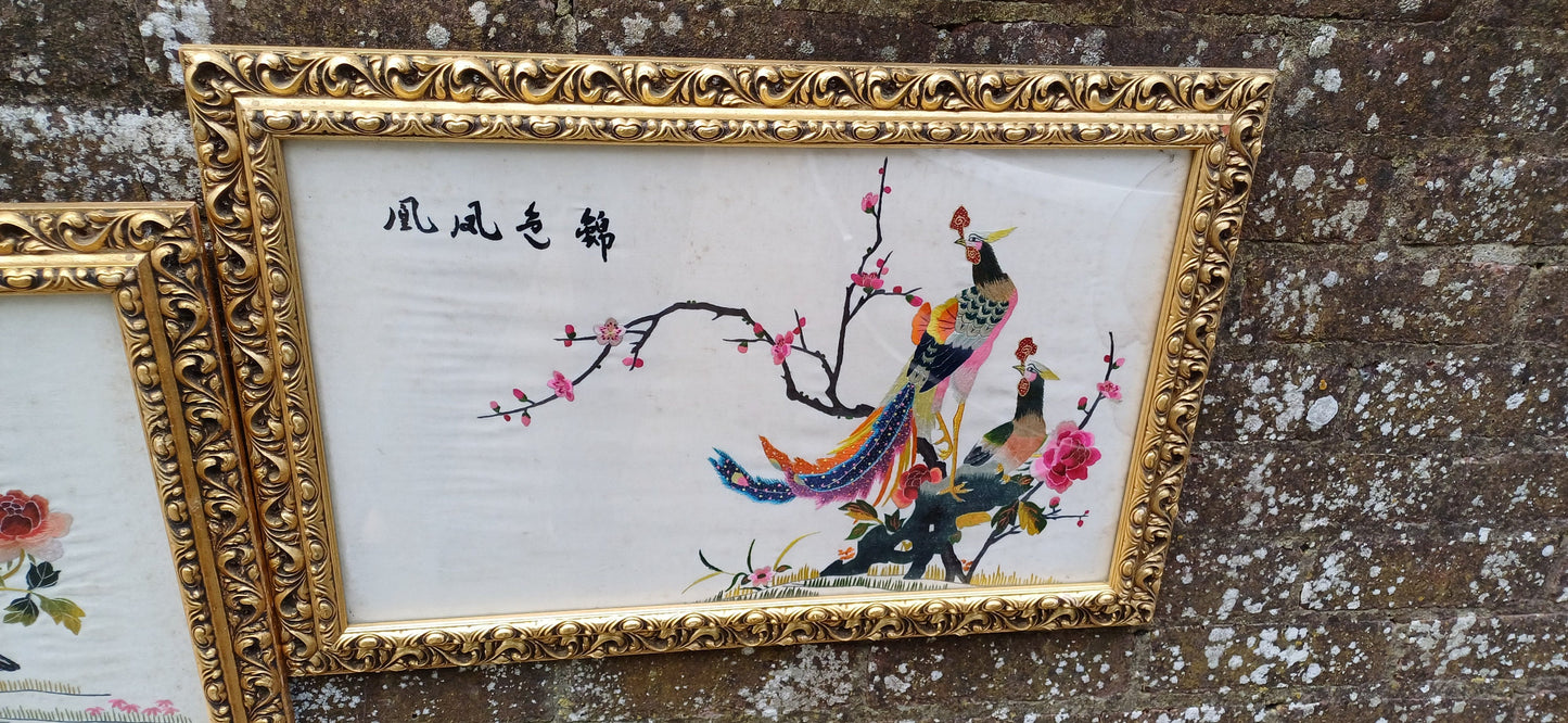 Outstanding Colourful Pair of Vintage Bird of Paradise Embroidery Pictures in Ornate Gold Frames.