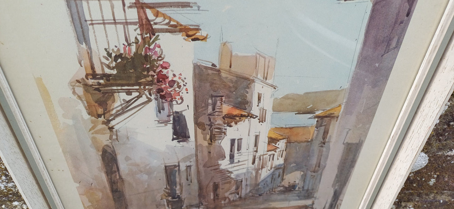 Vintage print Italian Seaside village in Retro wooden frame - Mediterranean seaside town, retro frame glazed