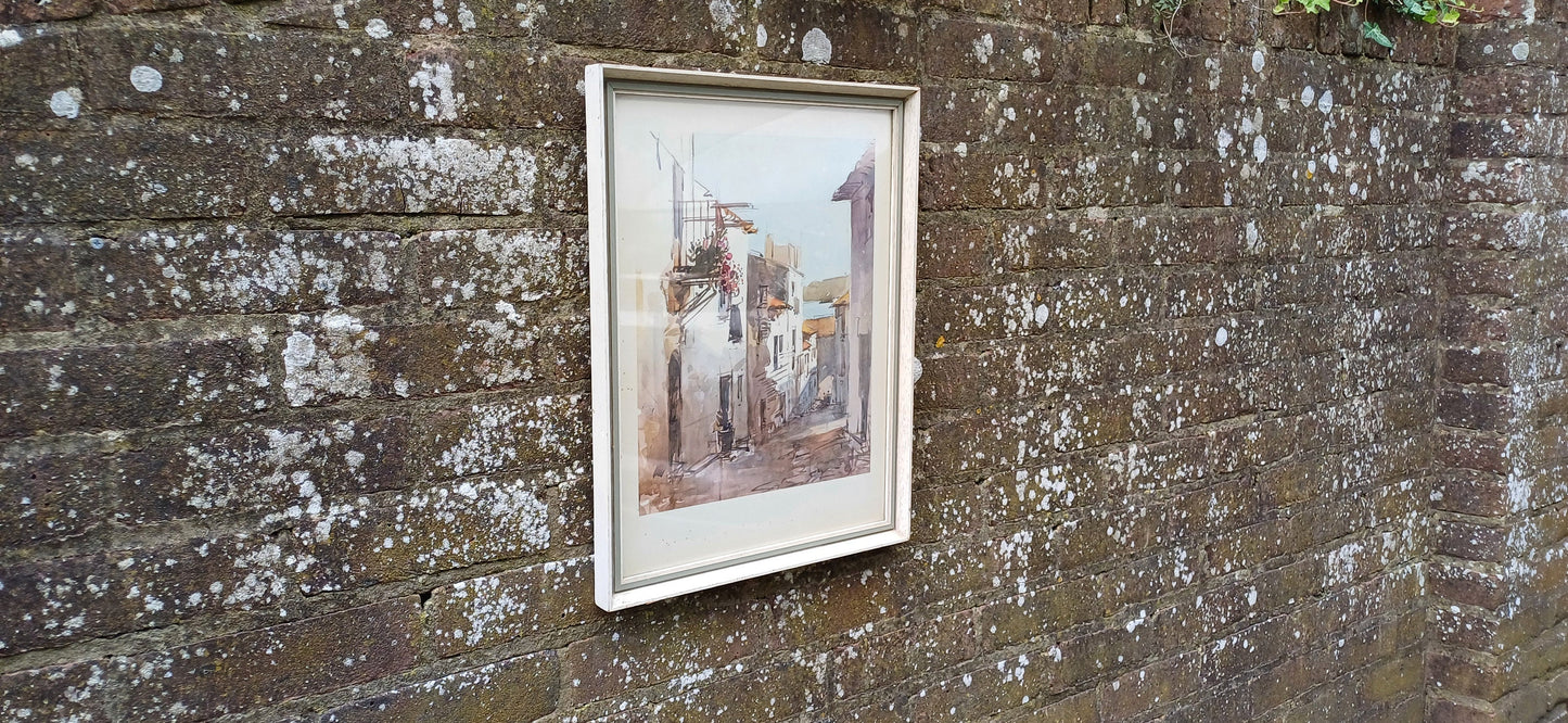 Vintage print Italian Seaside village in Retro wooden frame - Mediterranean seaside town, retro frame glazed