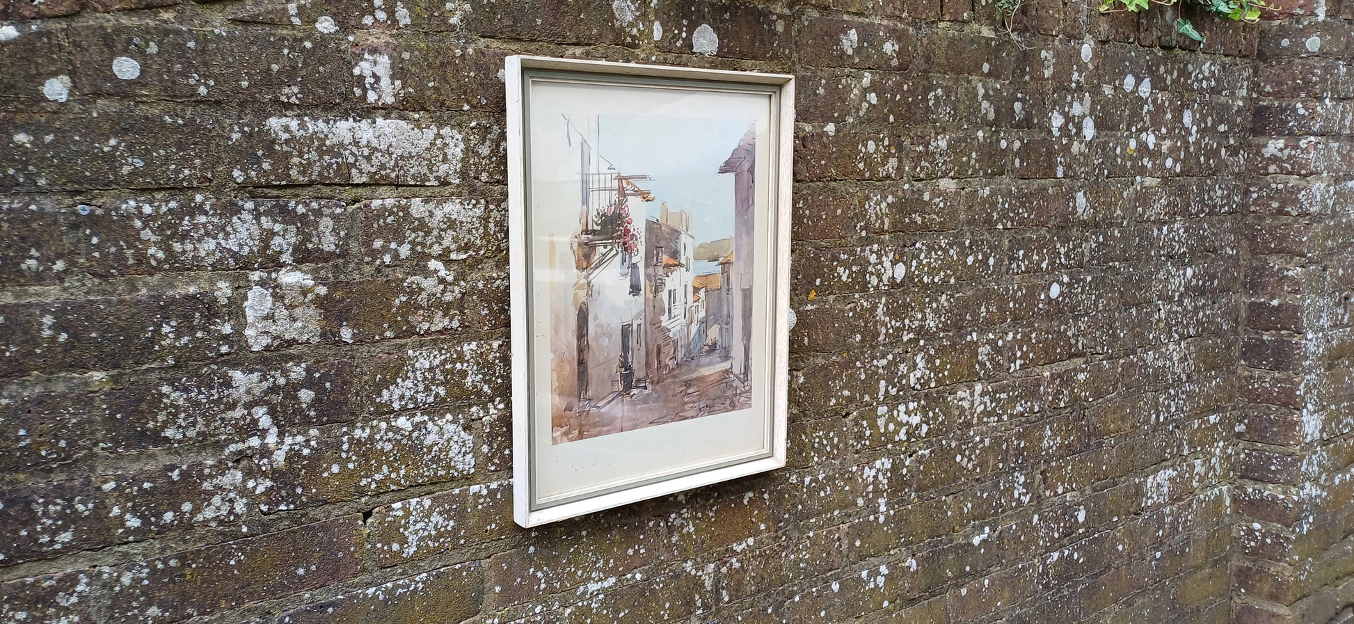Vintage print Italian Seaside village in Retro wooden frame - Mediterranean seaside town, retro frame glazed