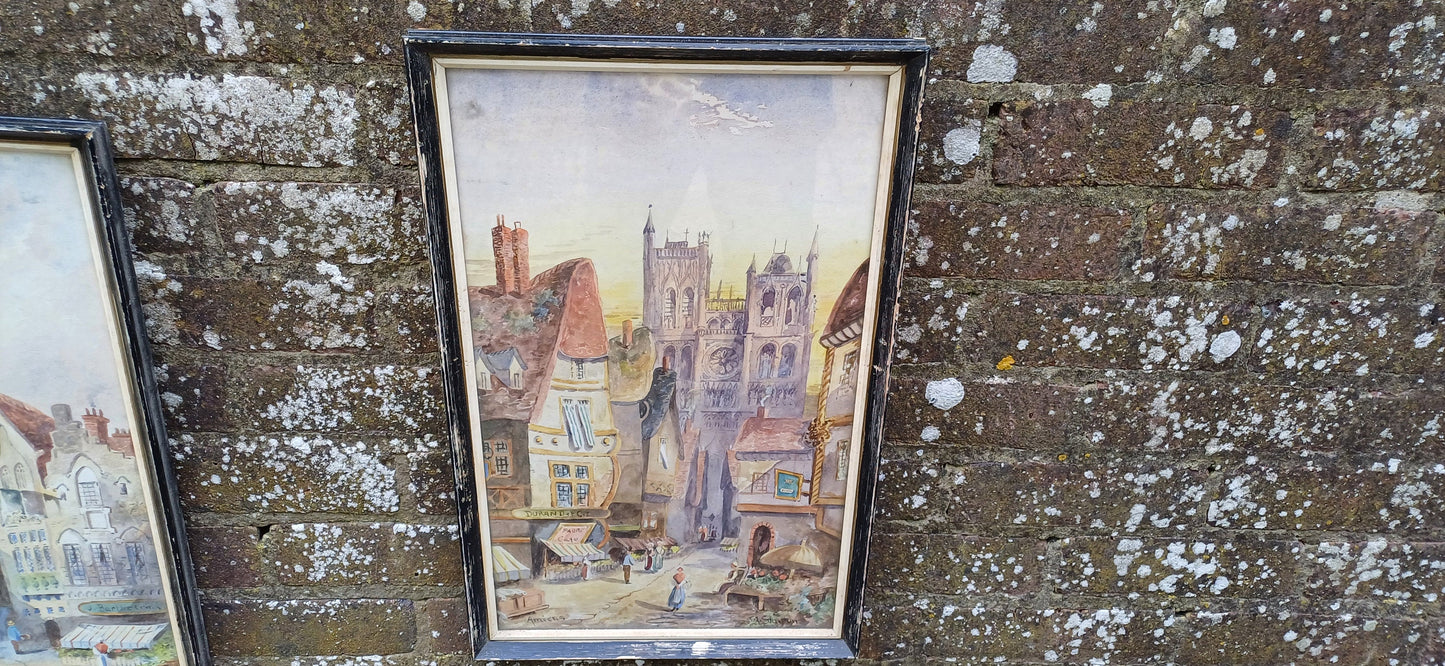 Superb pair of French Belgian Watercolours - Amiens and Bruges. Delightful. by A Stanton. Mid century Art. Framed and glazed, ready to hang