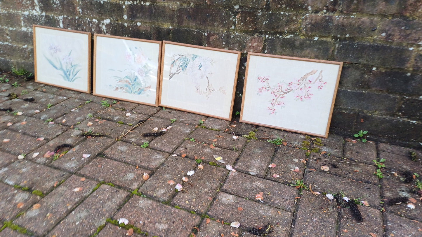 Set of four very beautiful vintage watercolour silk paintings , Japanese Oriental floral theme - four original art silk paintings