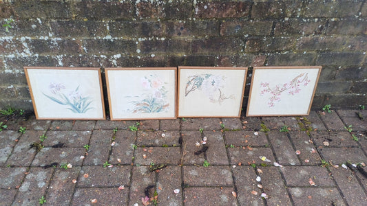 Set of four very beautiful vintage watercolour silk paintings , Japanese Oriental floral theme - four original art silk paintings