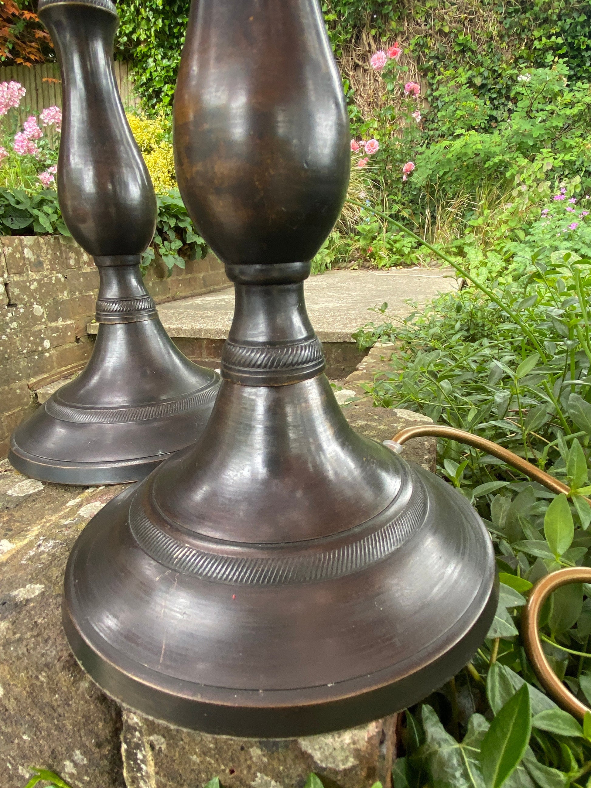 Vintage pair of metallic black and subtle gold lamps - working condition; pair vintage table lamps, black and tarnished metal look