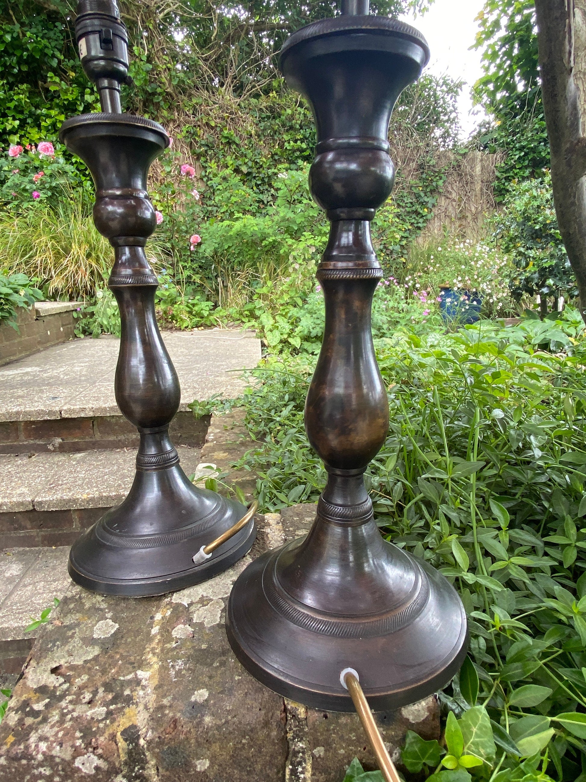 Vintage pair of metallic black and subtle gold lamps - working condition; pair vintage table lamps, black and tarnished metal look