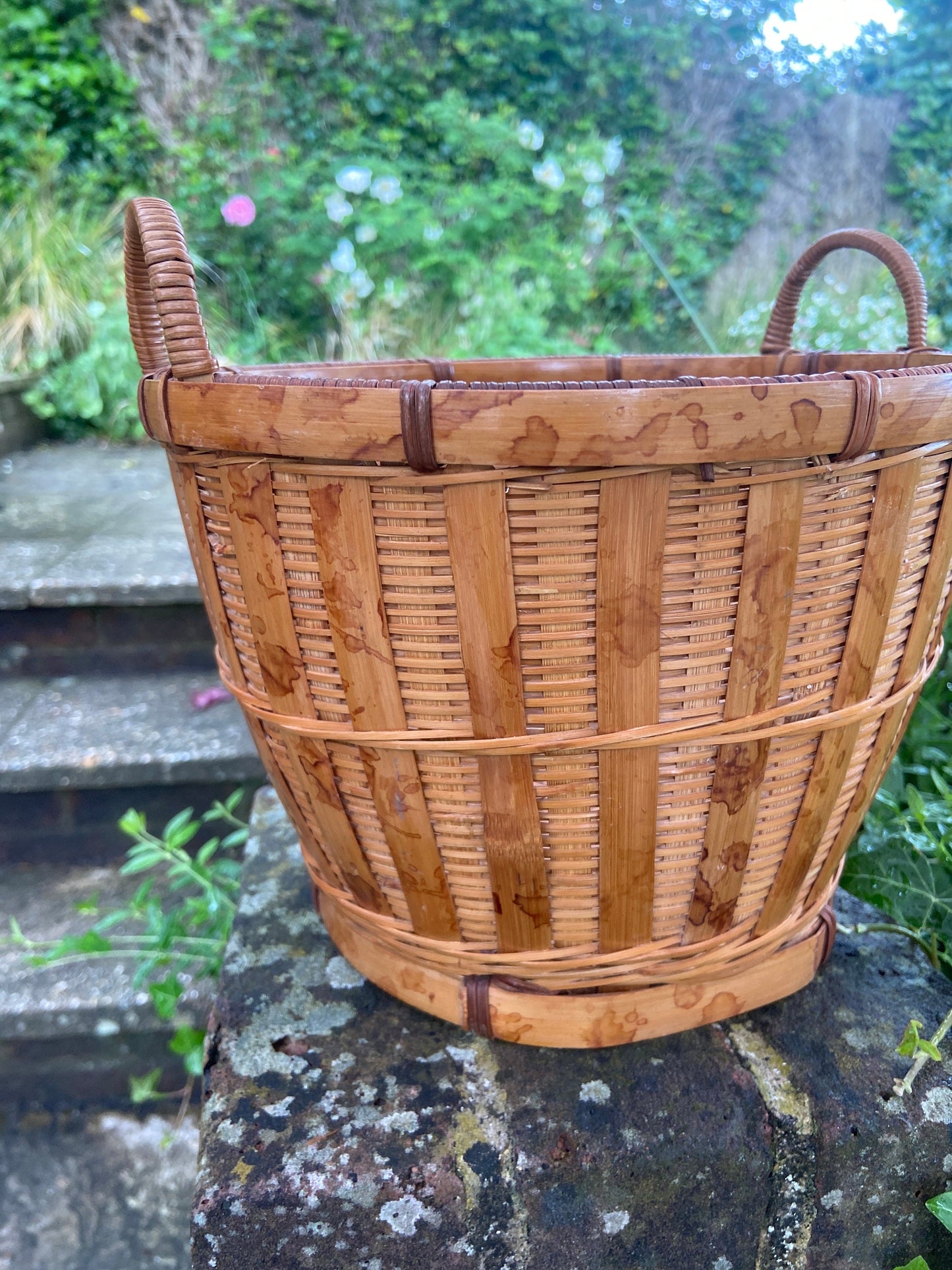 Retro 1970s Bamboo indoor planter, wicker plant pot, indoor planter, plant pot, wicker basket
