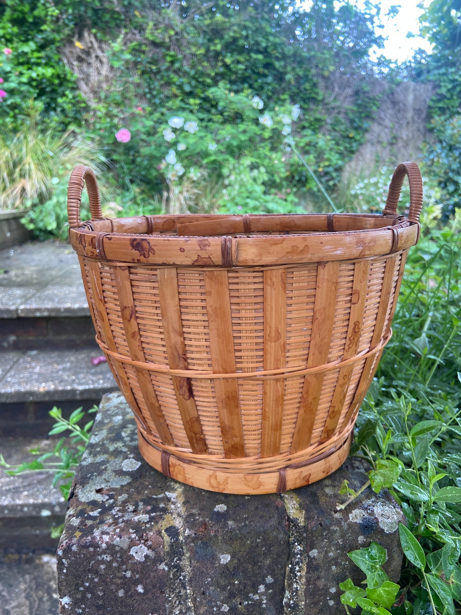 Retro 1970s Bamboo indoor planter, wicker plant pot, indoor planter, plant pot, wicker basket