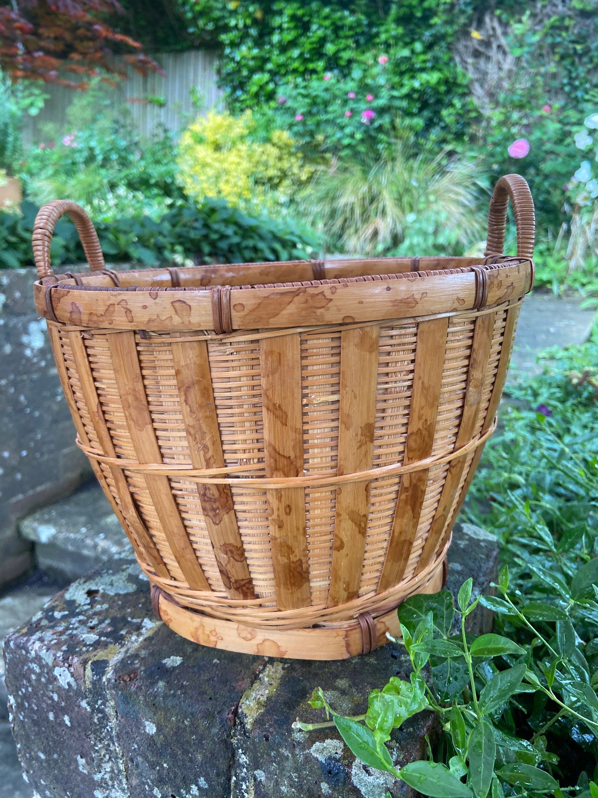 Retro 1970s Bamboo indoor planter, wicker plant pot, indoor planter, plant pot, wicker basket