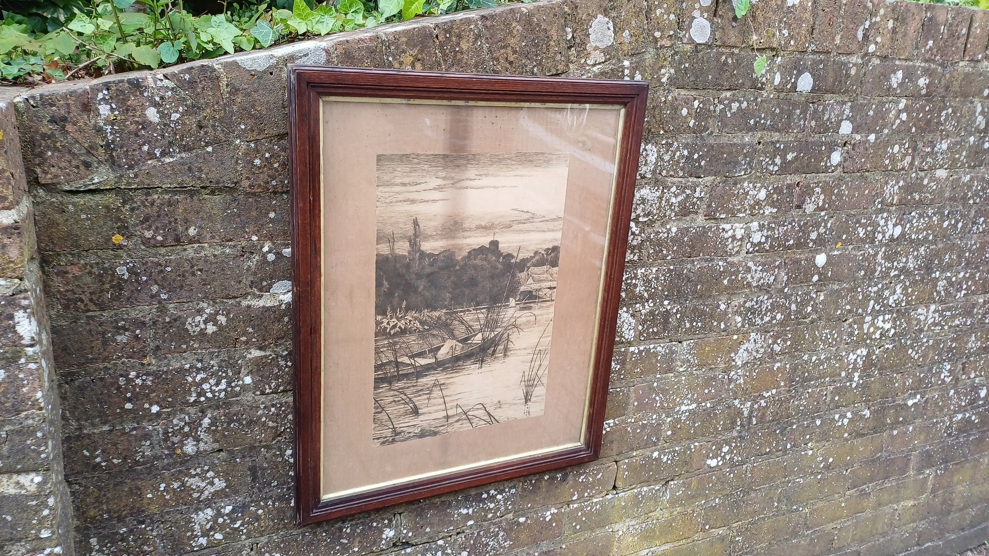 Large glazed antique wooden frame, with wonderful vintage ink drawing mounted