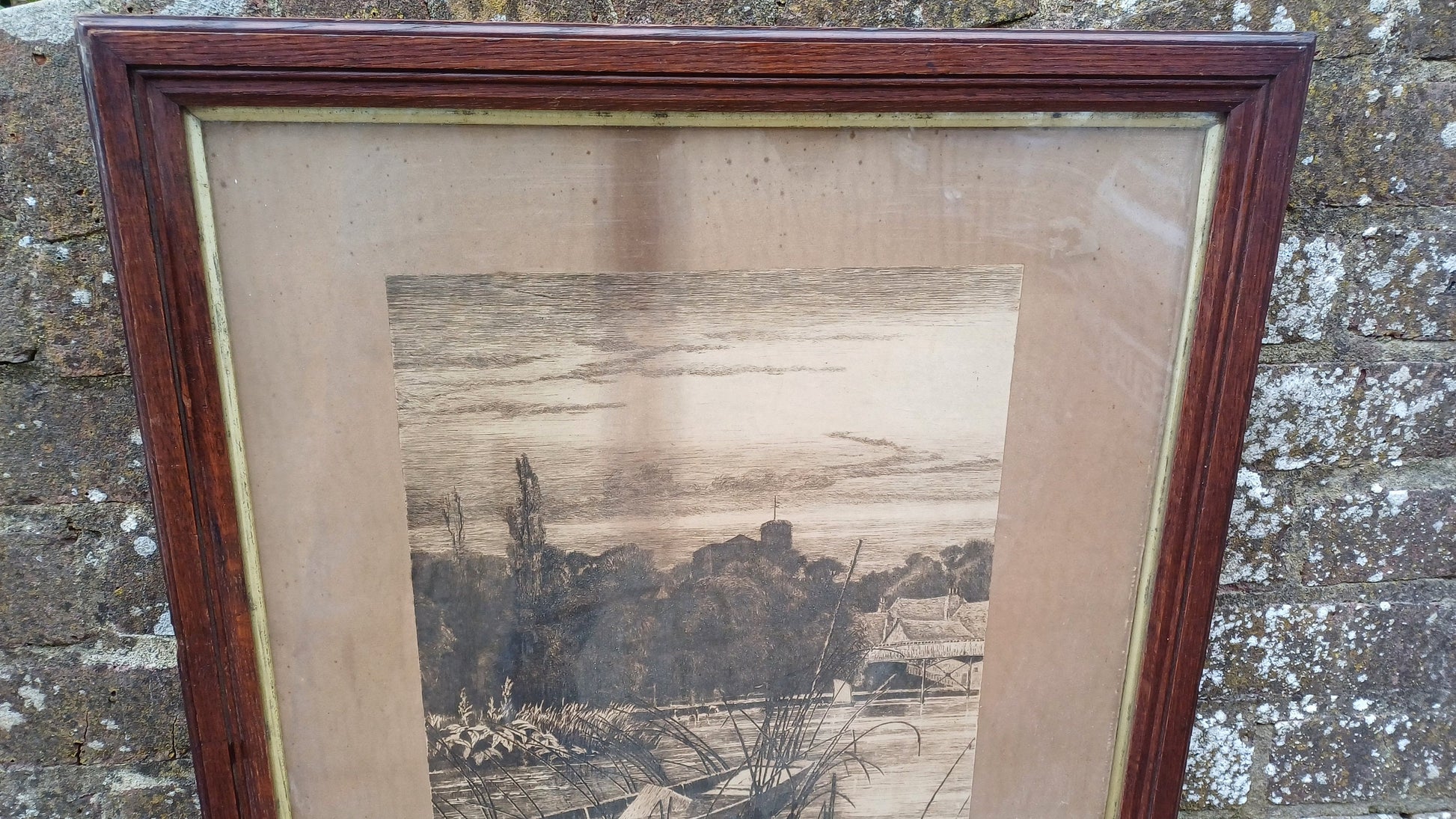 Large glazed antique wooden frame, with wonderful vintage ink drawing mounted