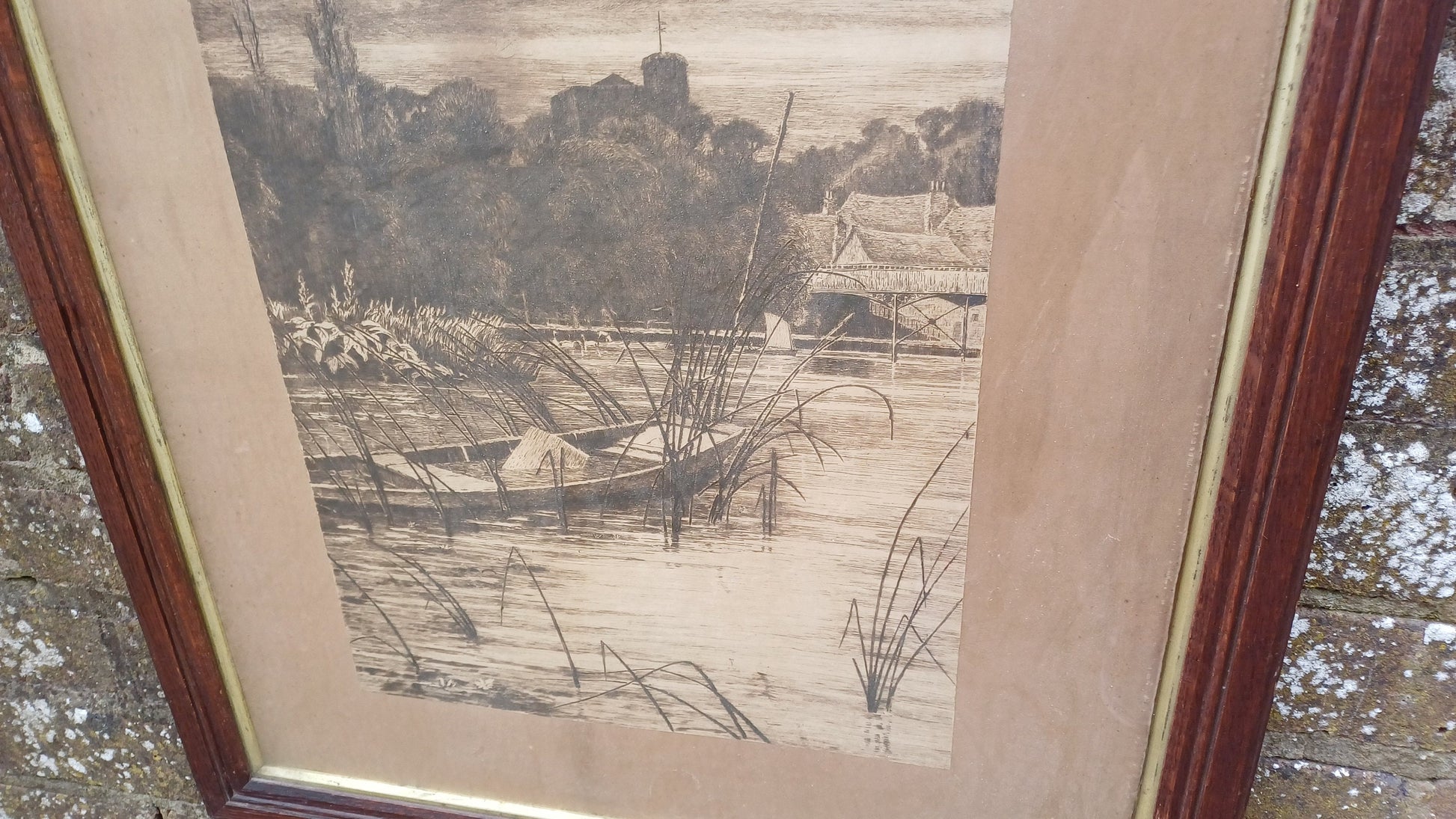 Large glazed antique wooden frame, with wonderful vintage ink drawing mounted