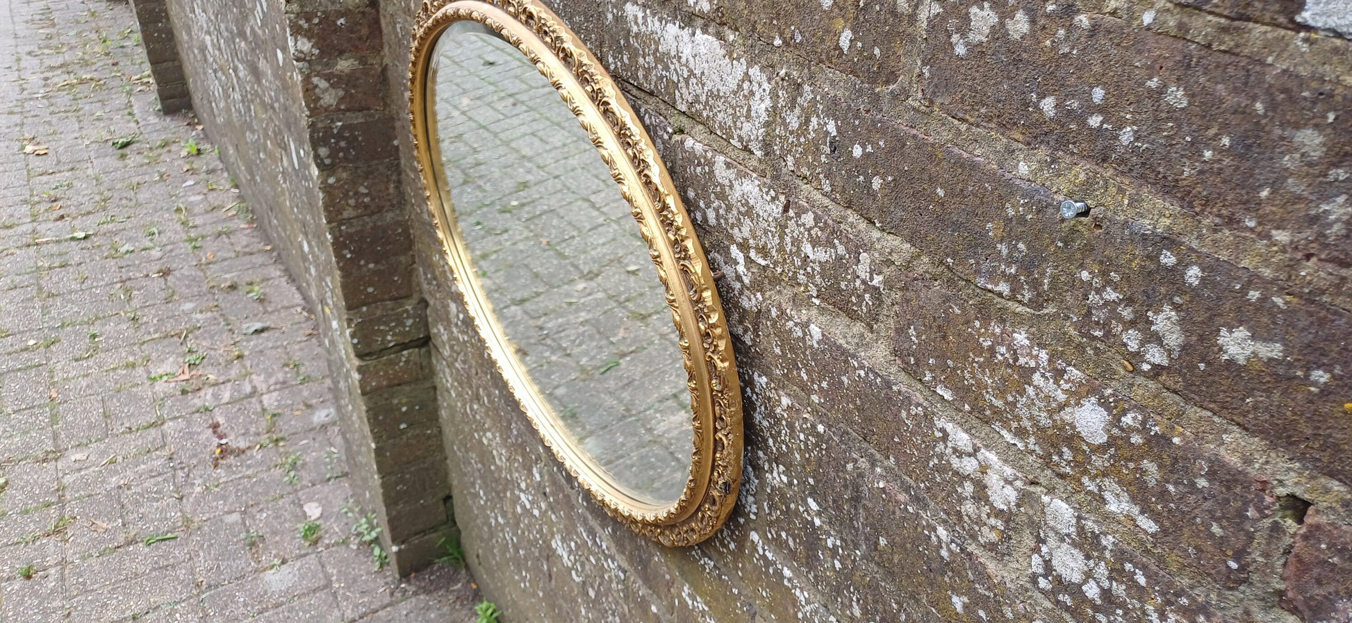 Large Vintage 50s Ornate Gold Oval Wall Mirror.