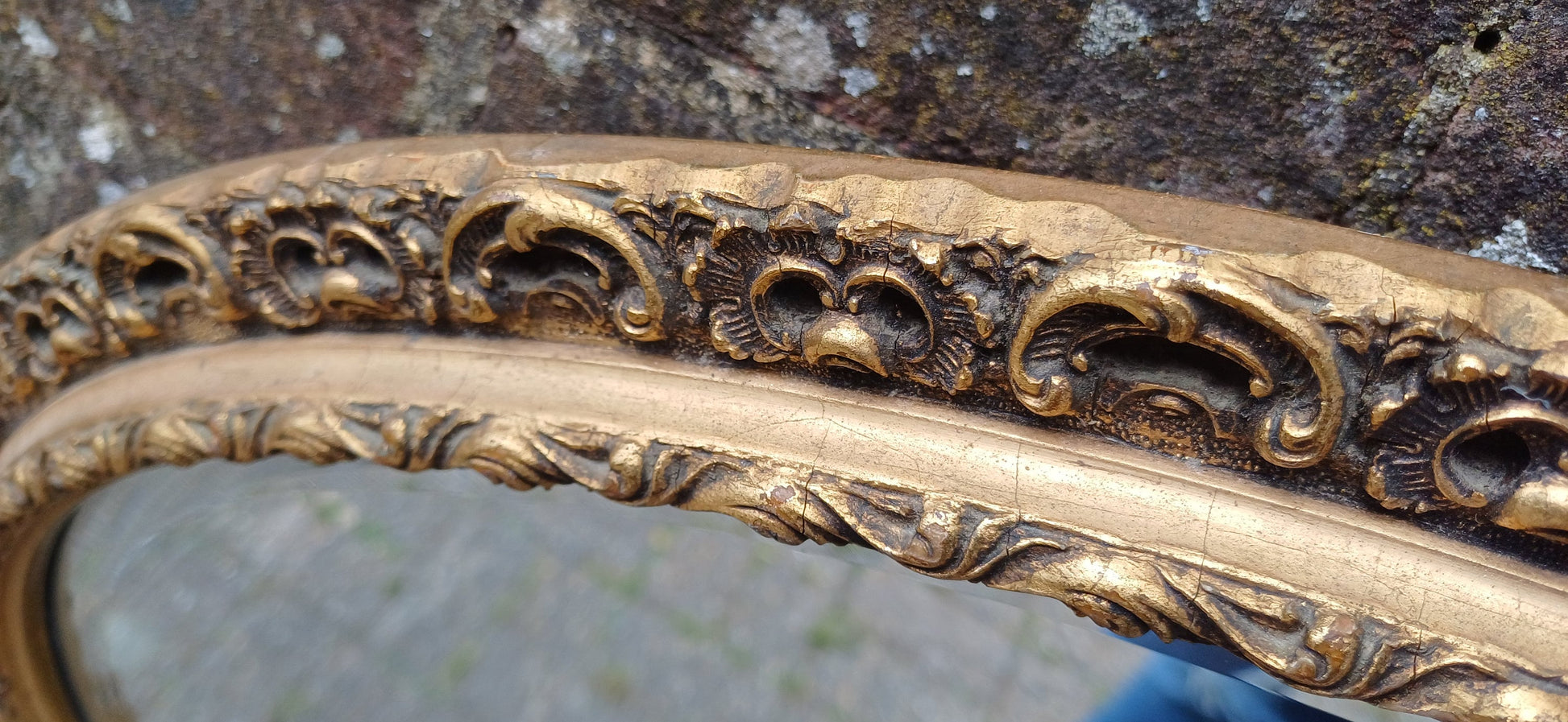 Large Vintage 50s Ornate Gold Oval Wall Mirror.