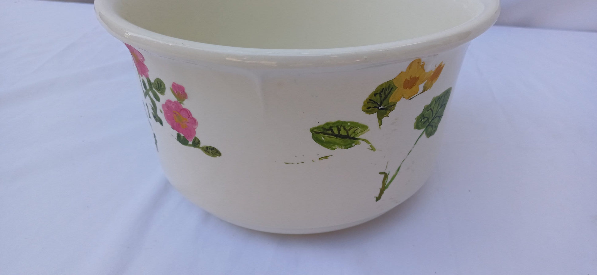 Vintage Ceramic Chamber Pot Potty Planter Later Hand Painted Flower Decoration. New Hall Hanley.