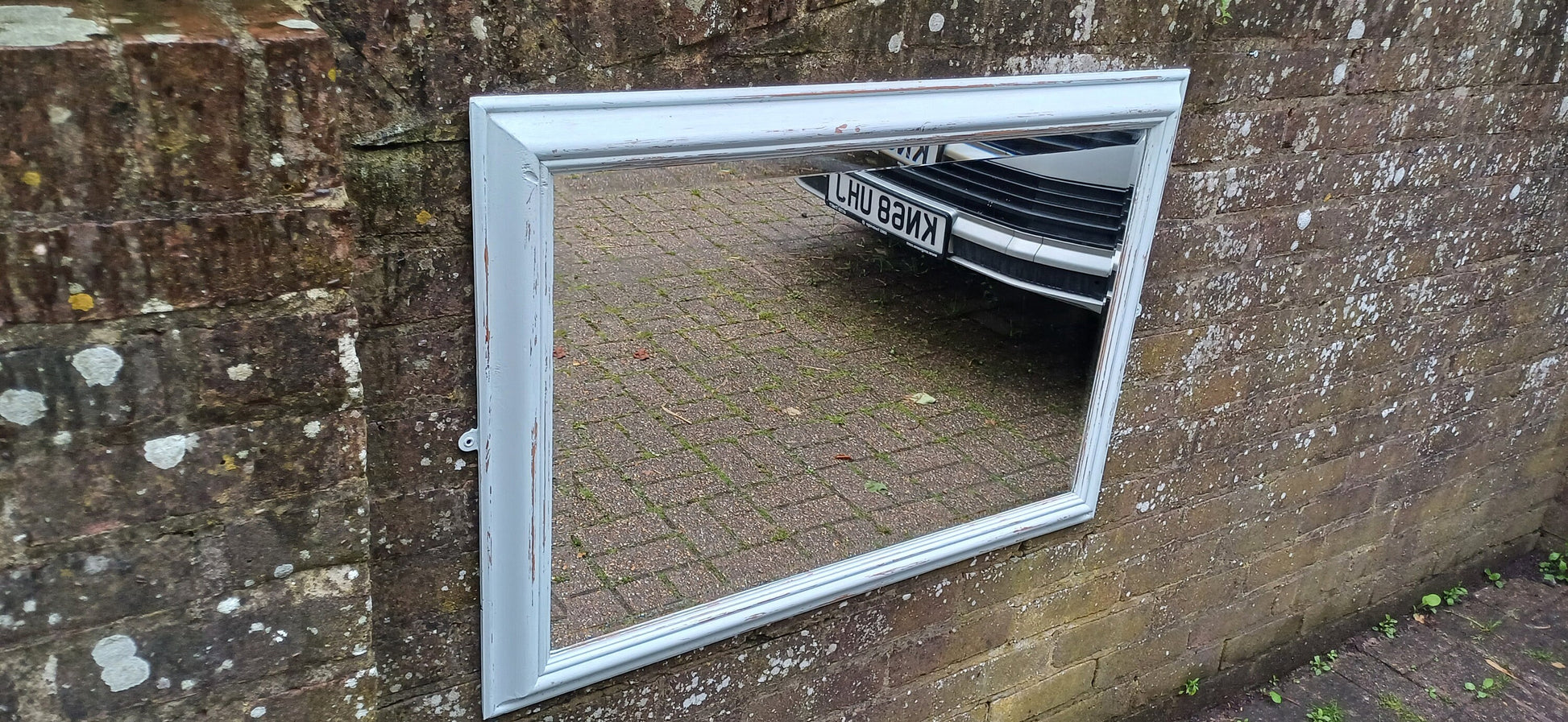 Large Vintage Painted Shabby Chic Wall or Over Mantel Mirror Bespoke Upcycled. Farrow and Ball Light Blue Grey