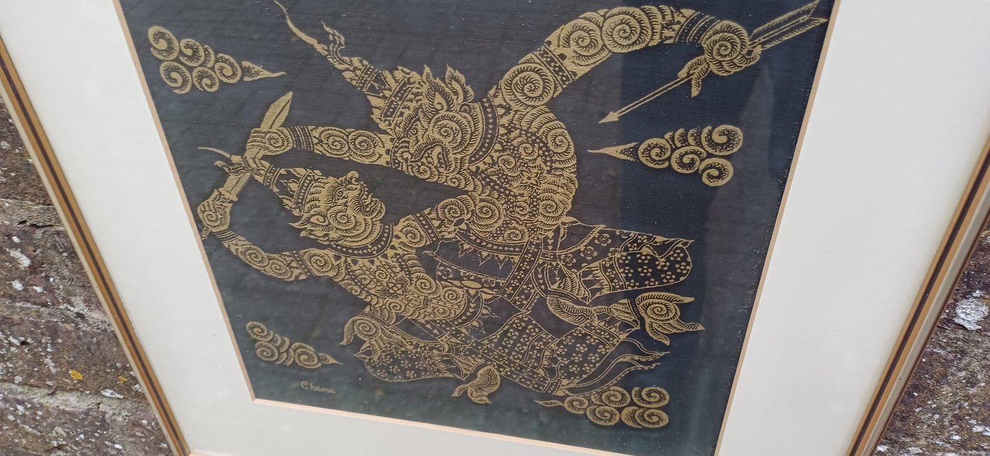 Pair of Oriental Warriors Print on Silk with Gold Frames. Chana.