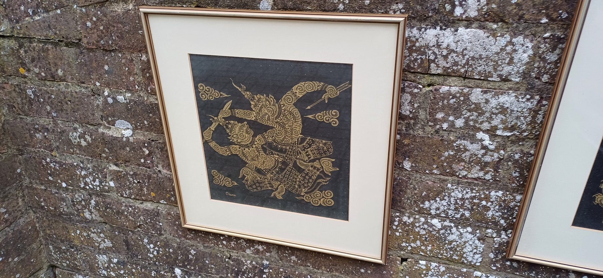 Pair of Oriental Warriors Print on Silk with Gold Frames. Chana.