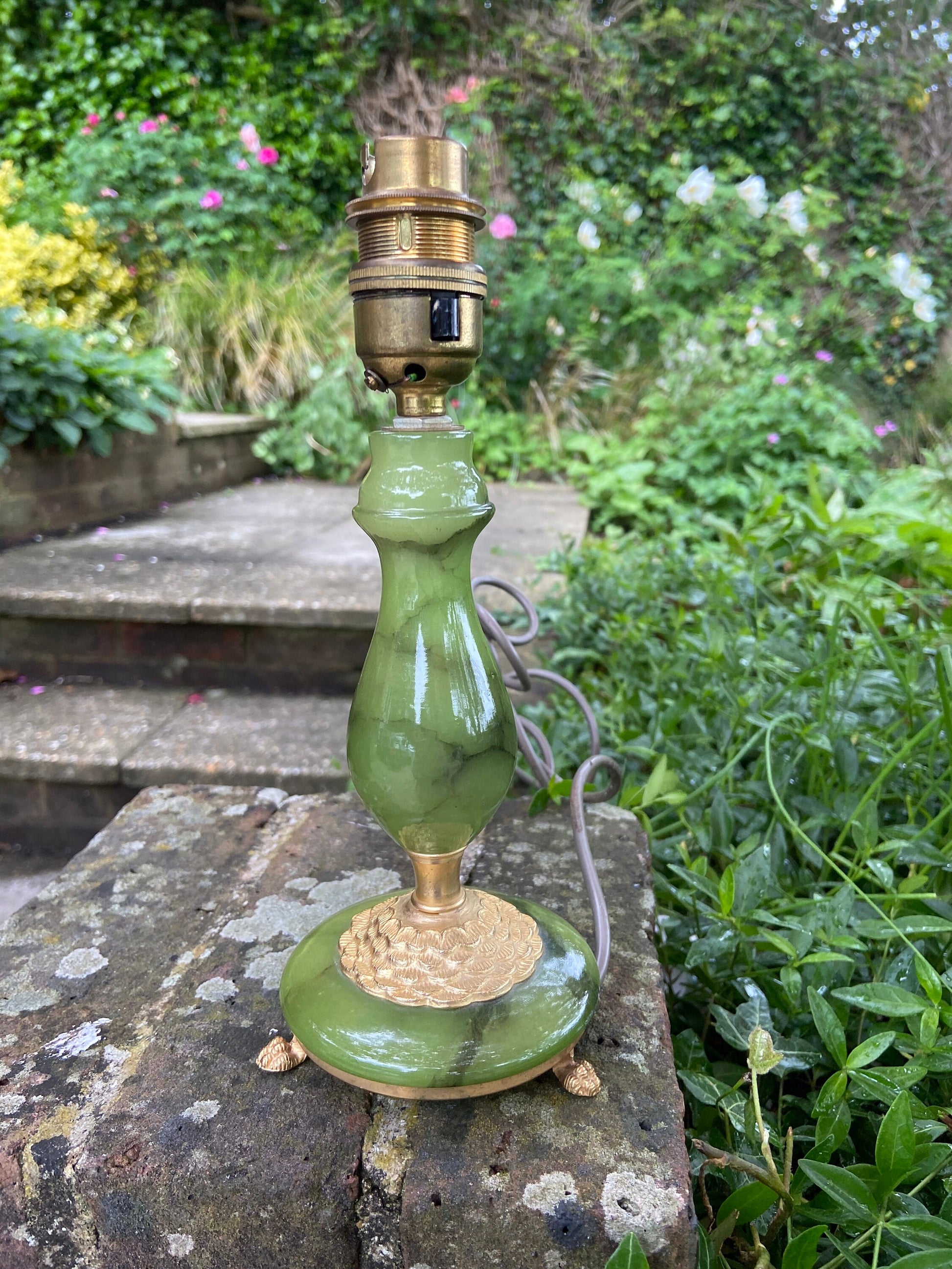 Bottle bright Green vintage onyx (marble) and metal lamp small table lamp, working lamp