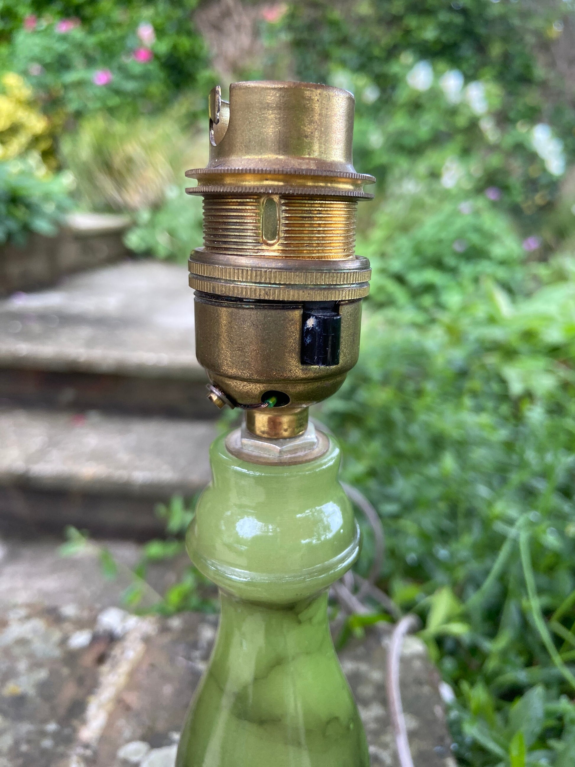 Bottle bright Green vintage onyx (marble) and metal lamp small table lamp, working lamp