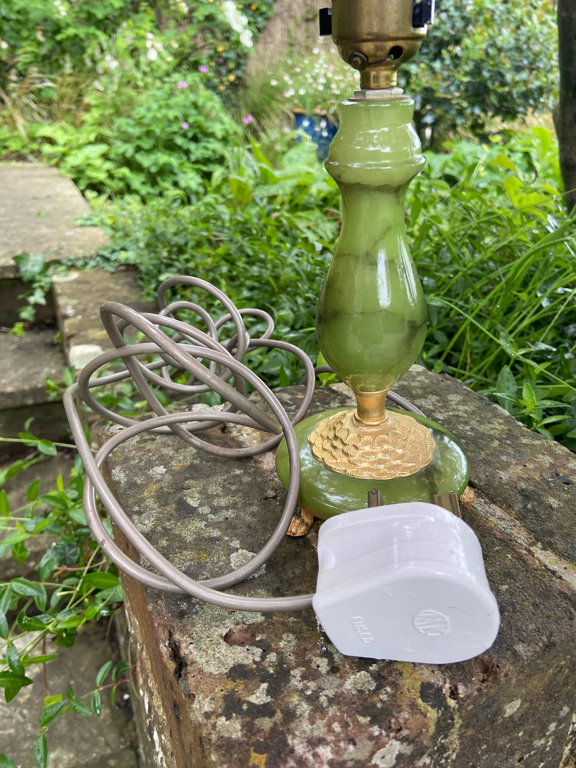 Bottle bright Green vintage onyx (marble) and metal lamp small table lamp, working lamp