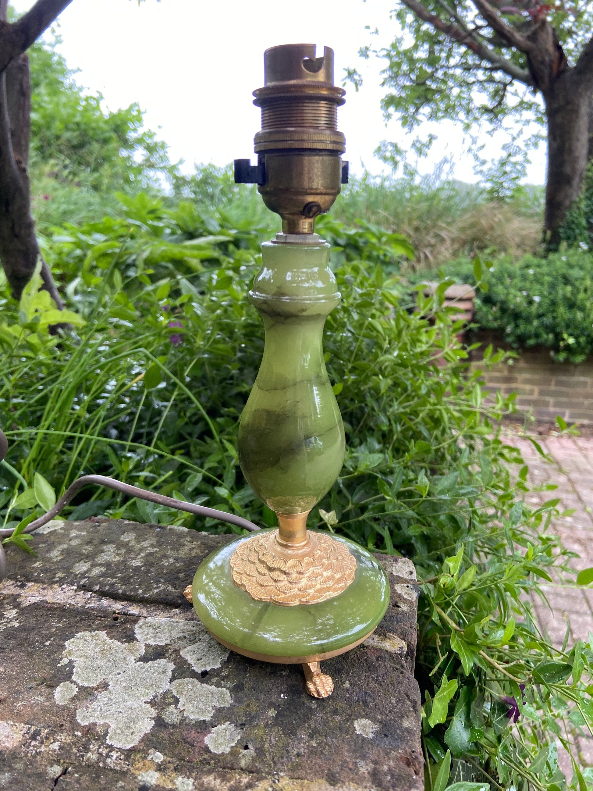 Bottle bright Green vintage onyx (marble) and metal lamp small table lamp, working lamp