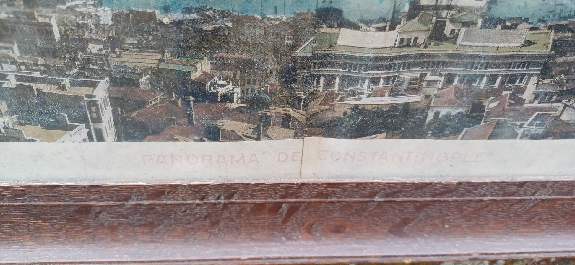 Vintage colour photograph, 158cm wide showing a panoramic view of Constantinople (Istanbul) - 1920s original vintage wooden glazed frame