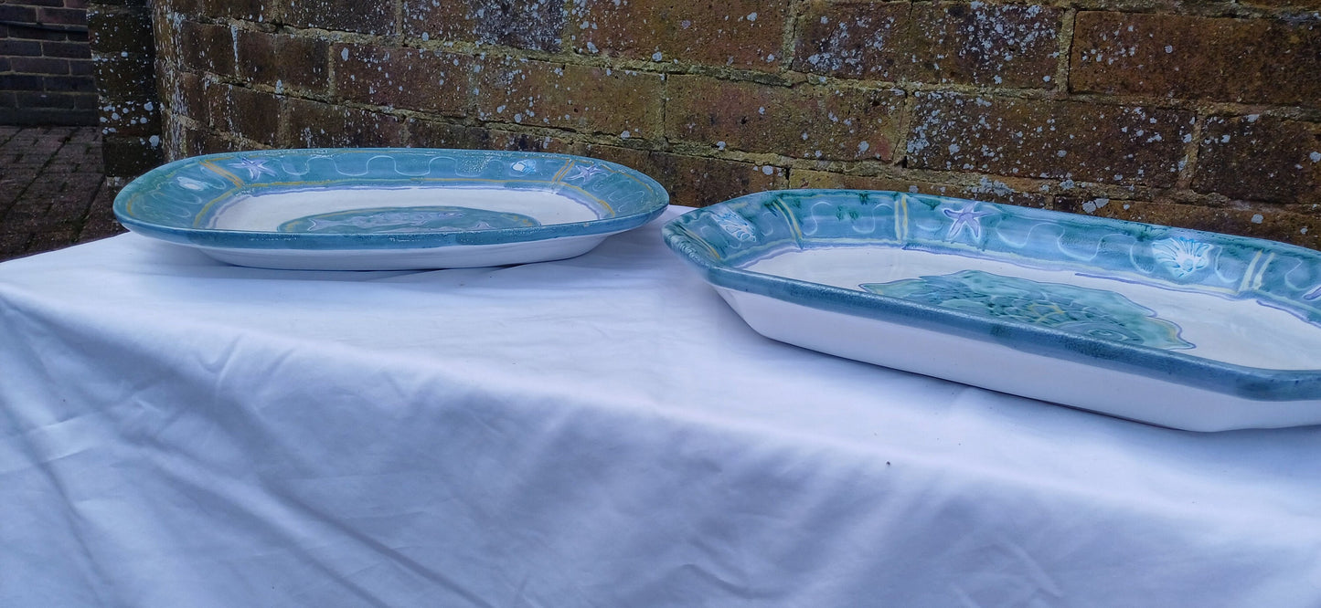 Large Superb Large Pair of Thick Pottery Slipware Fish Serving Plates