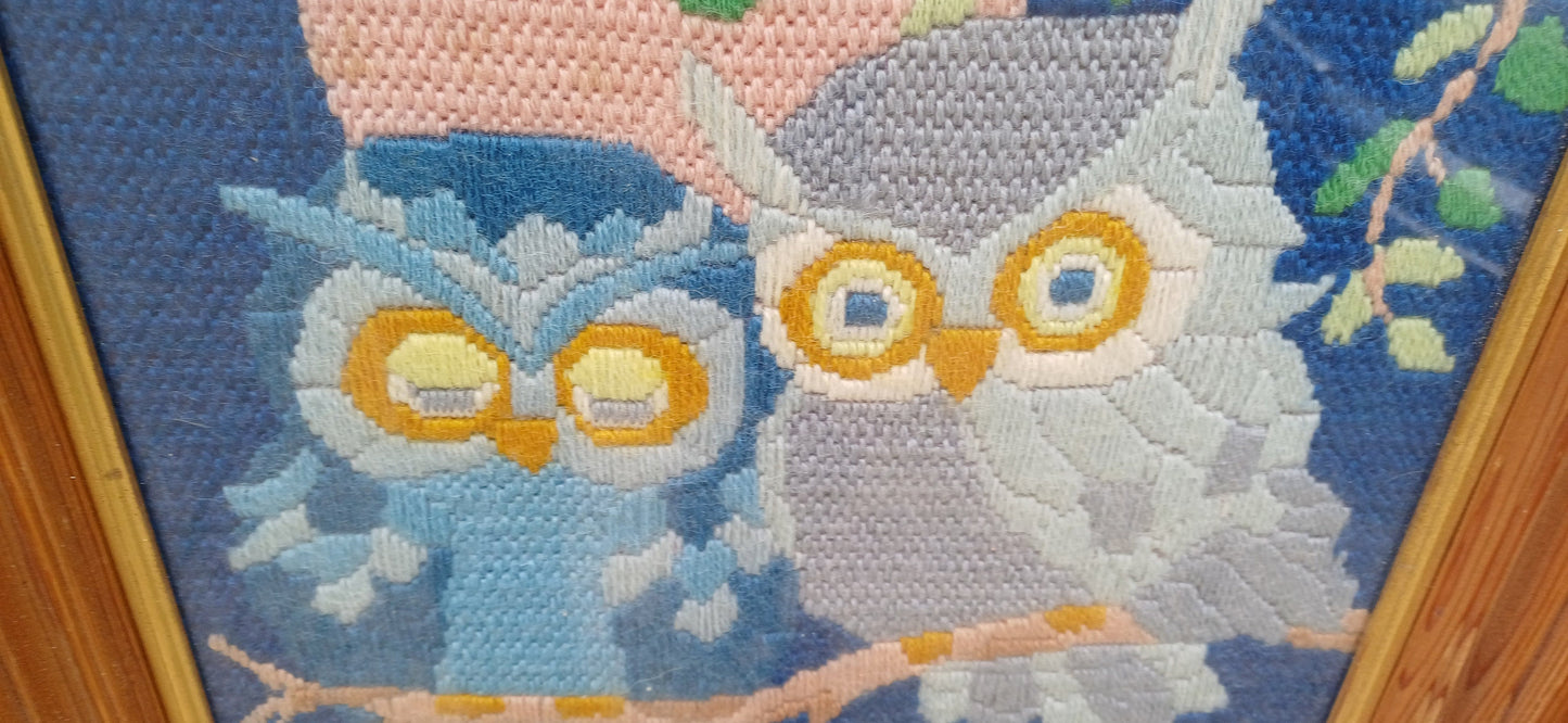 Framed vintage tapestry - woollen - pair of Owls; lovely blue colours; vintage tapestry needlework vintage embroidery; vintage craft work