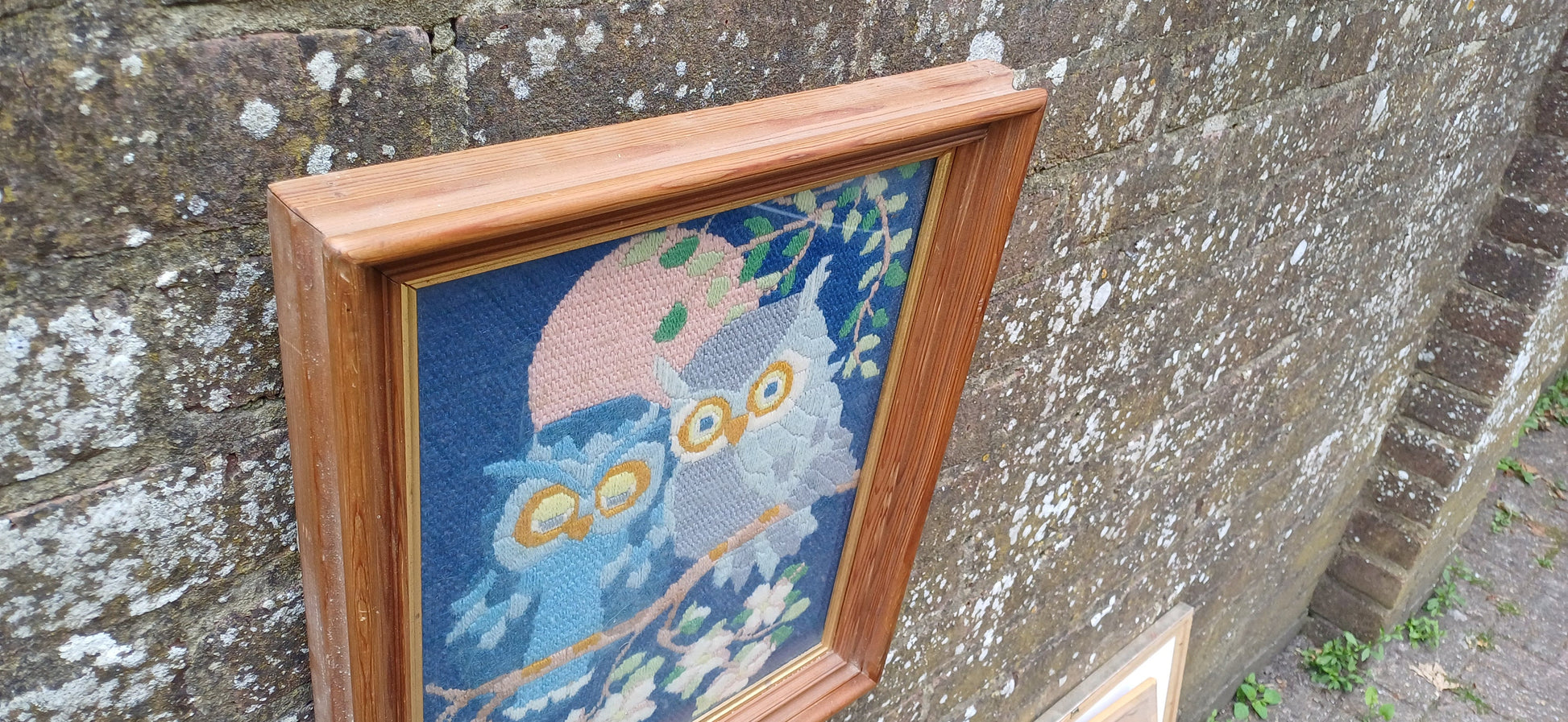 Framed vintage tapestry - woollen - pair of Owls; lovely blue colours; vintage tapestry needlework vintage embroidery; vintage craft work