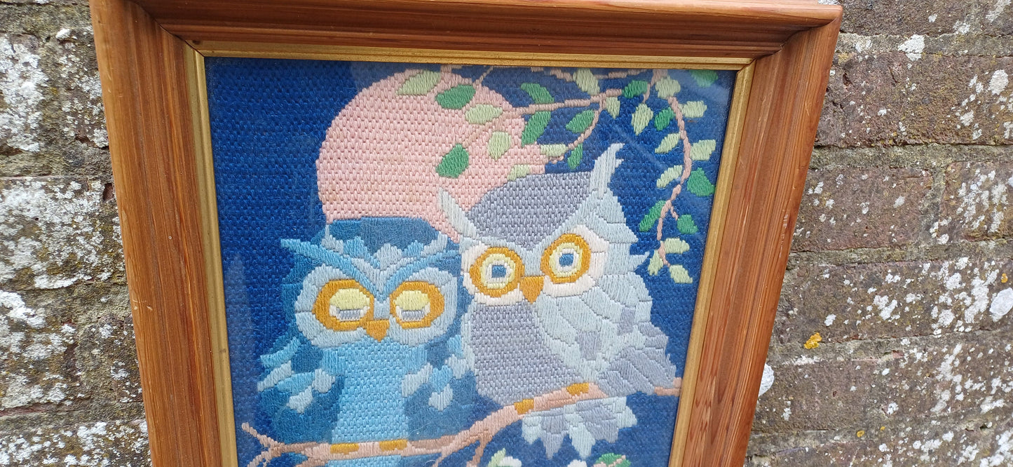 Framed vintage tapestry - woollen - pair of Owls; lovely blue colours; vintage tapestry needlework vintage embroidery; vintage craft work