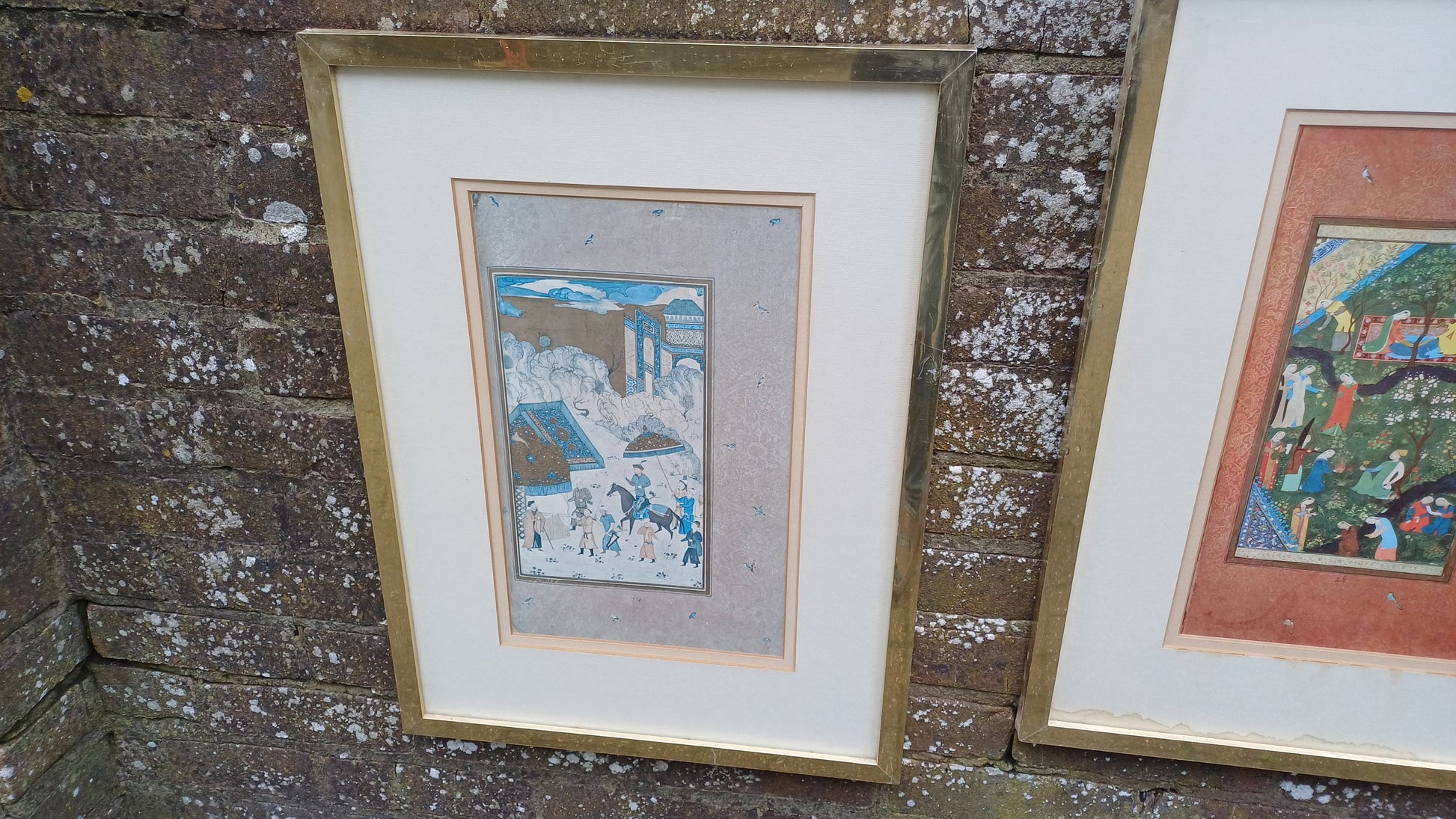Two Vintage Muraqqa Gulshan (c15 century) Prints professionally mounted and framed - Bihzad Garden of Husayn Bayqara, Arabic, Middle Eastern