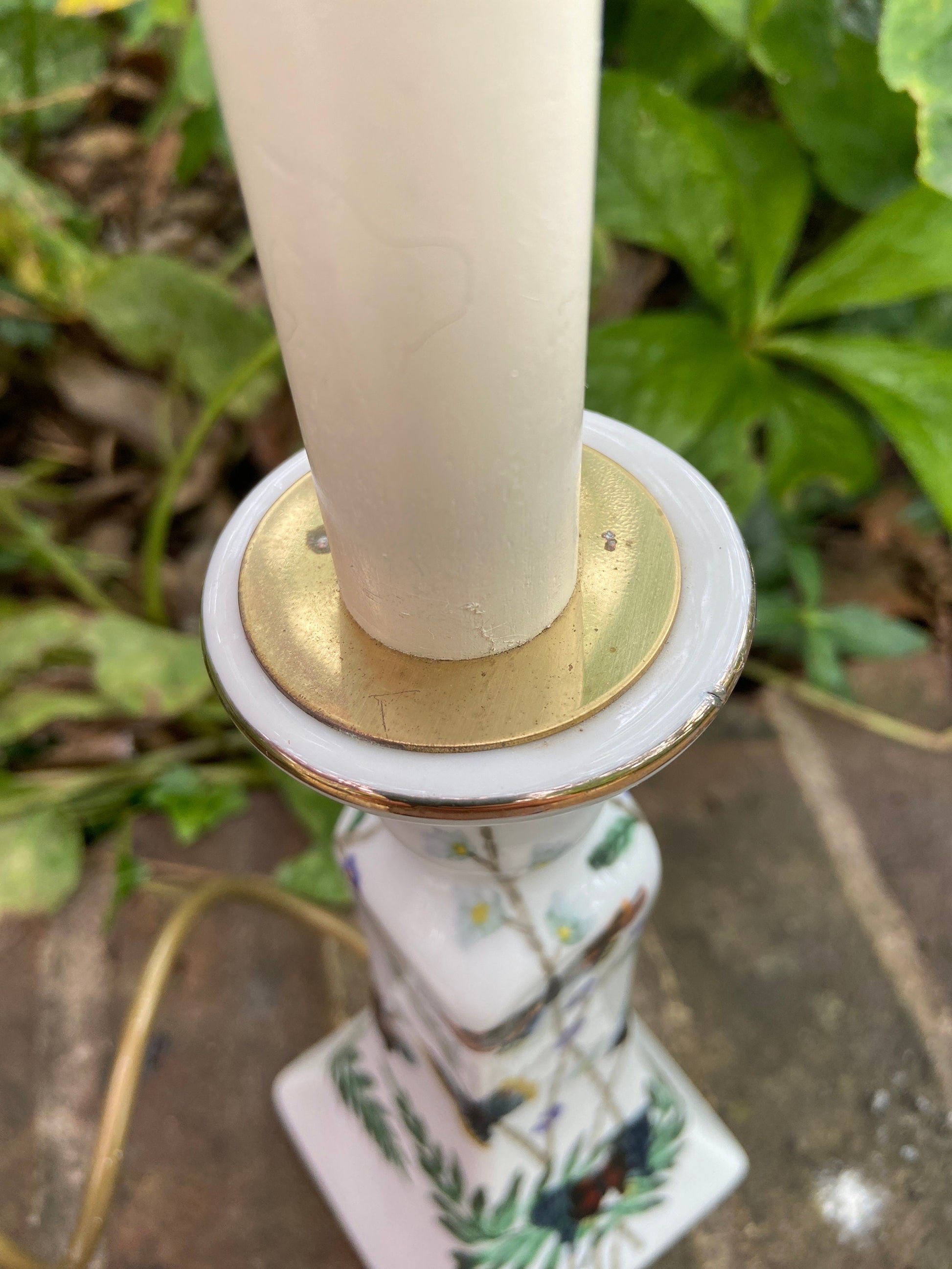 Vintage table lamp - handpainted tall candlestick style working table lamp - butterflies and plants