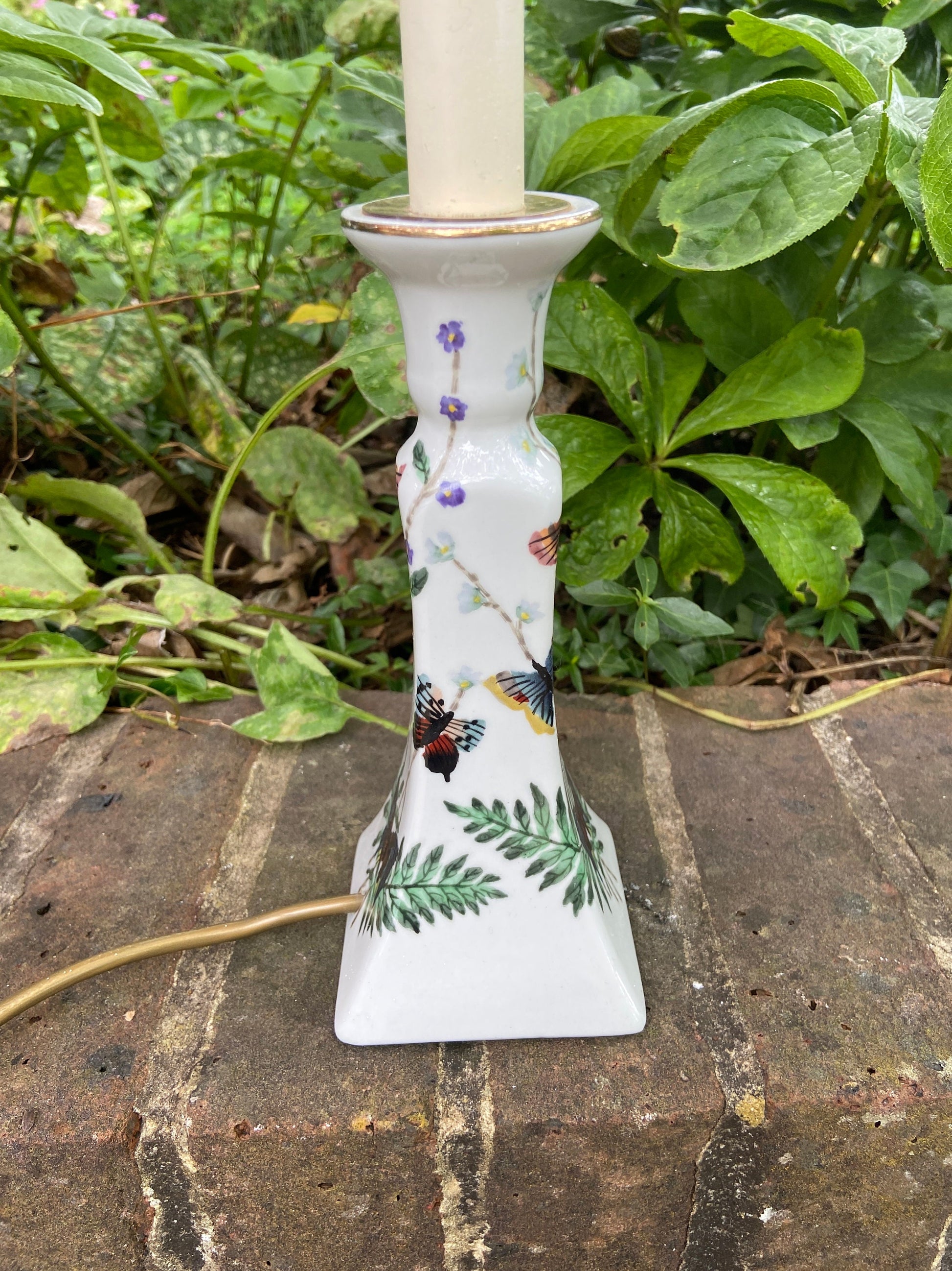 Vintage table lamp - handpainted tall candlestick style working table lamp - butterflies and plants