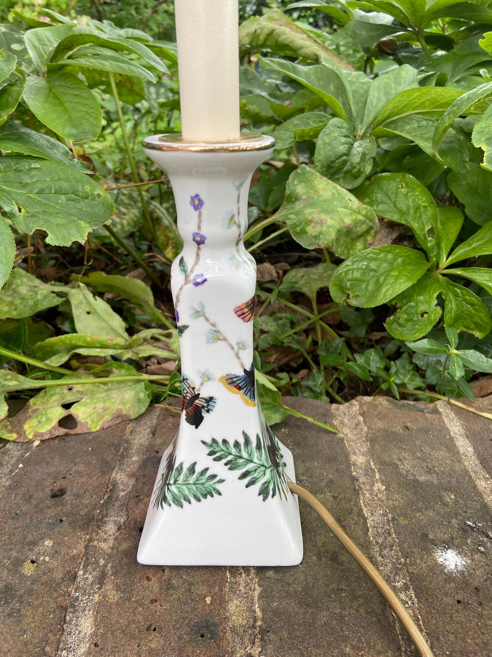 Vintage table lamp - handpainted tall candlestick style working table lamp - butterflies and plants